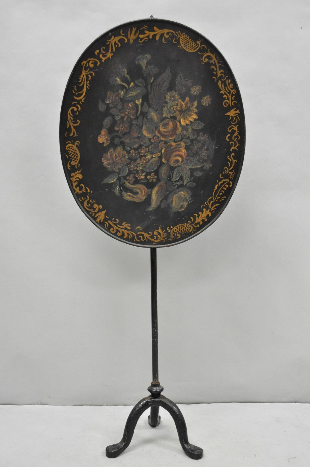 Antique French Victorian Tole Metal Hand Painted Floral Adjustable Firescreen