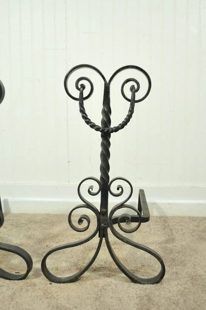 Antique Arts & Crafts Art Nouveau Black Wrought Iron Scrolling Andirons - a Pair