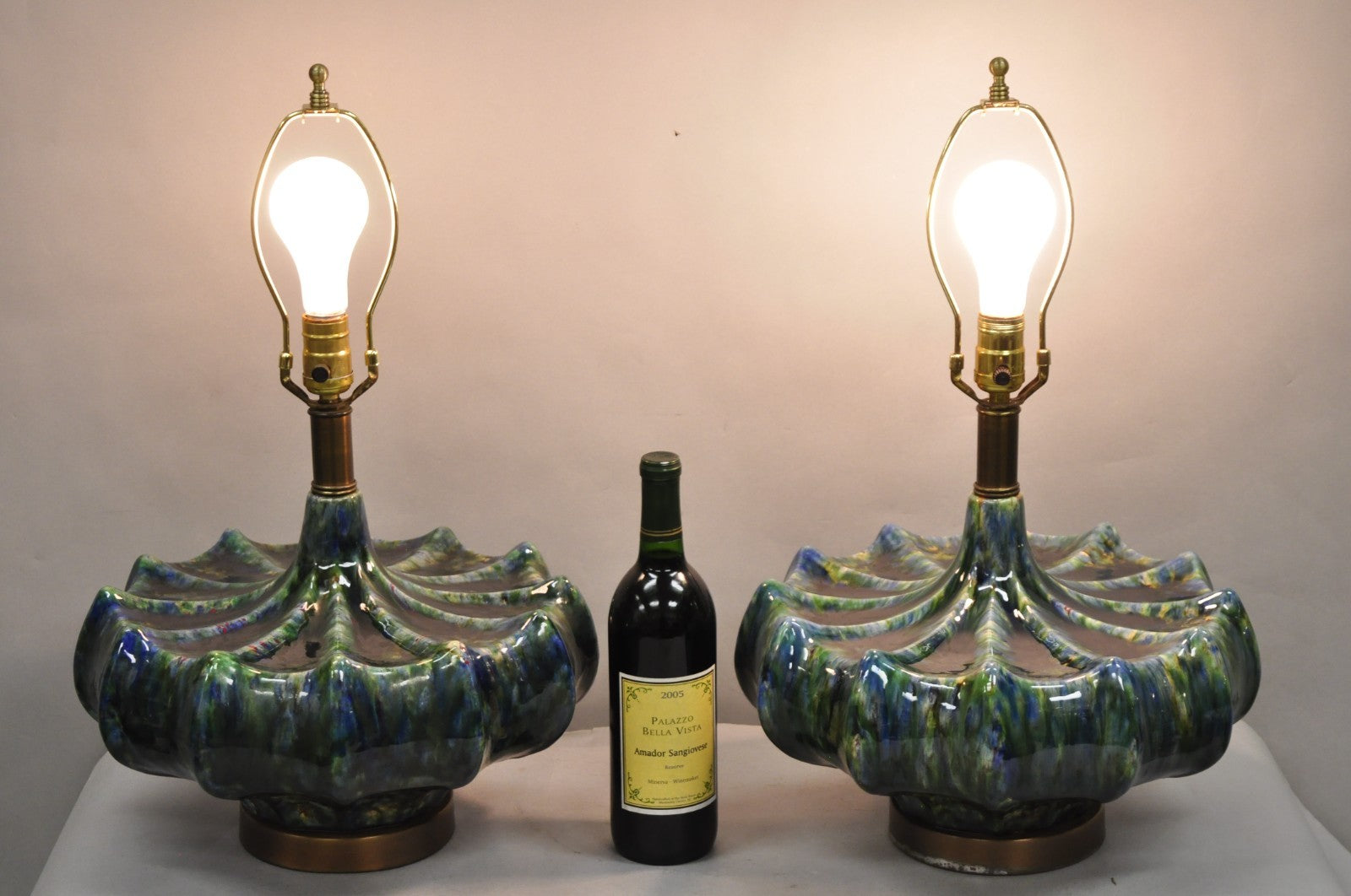 Vintage Mid Century Modern Blue Green Ceramic Table Lamps by Modernera - a Pair