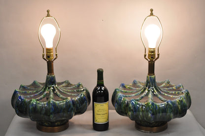 Vintage Mid Century Modern Blue Green Ceramic Table Lamps by Modernera - a Pair
