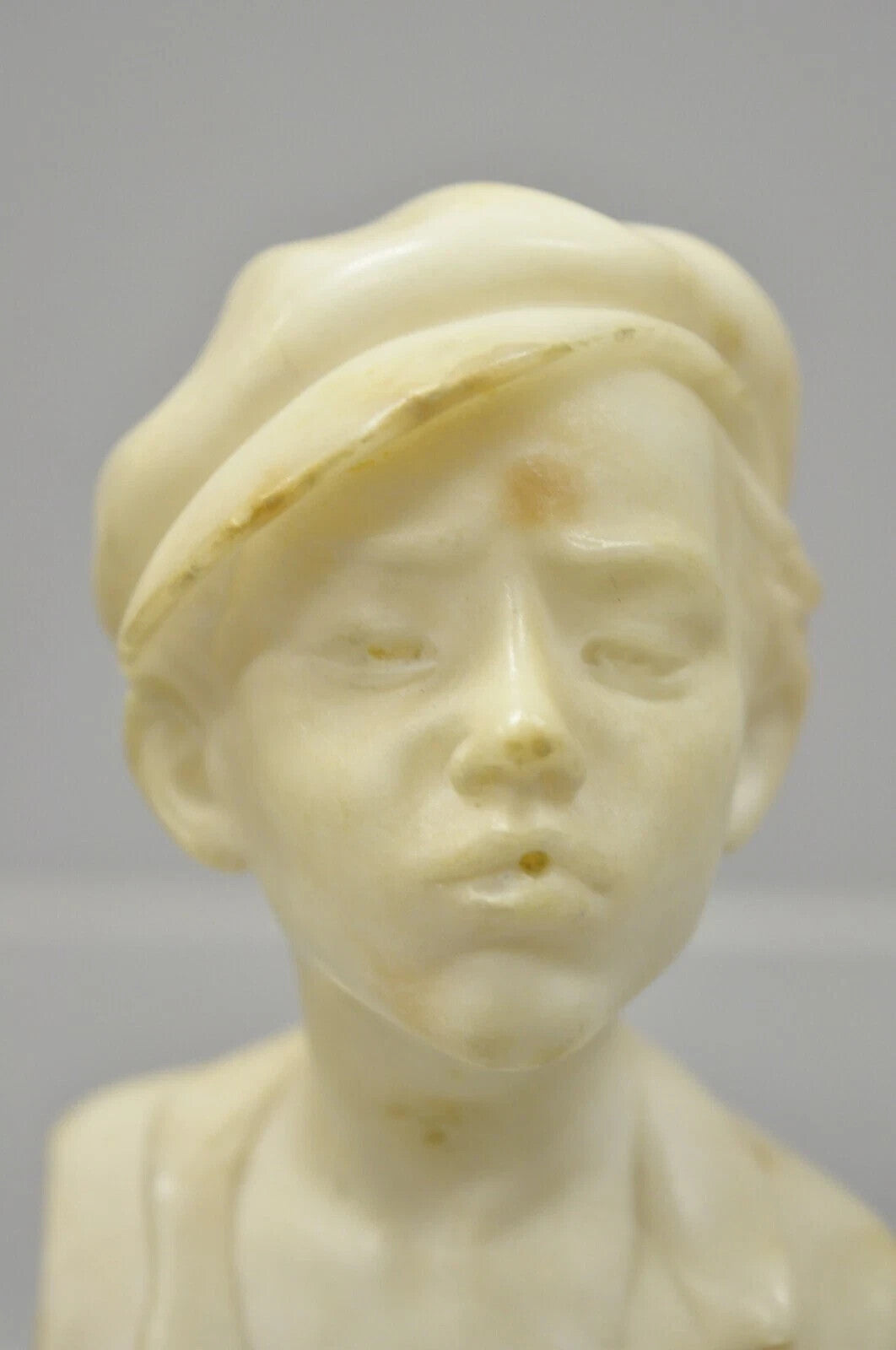 Antique 6" Carved Alabaster Marble Boy Bust Smoking Cigarette Signed "Martin"