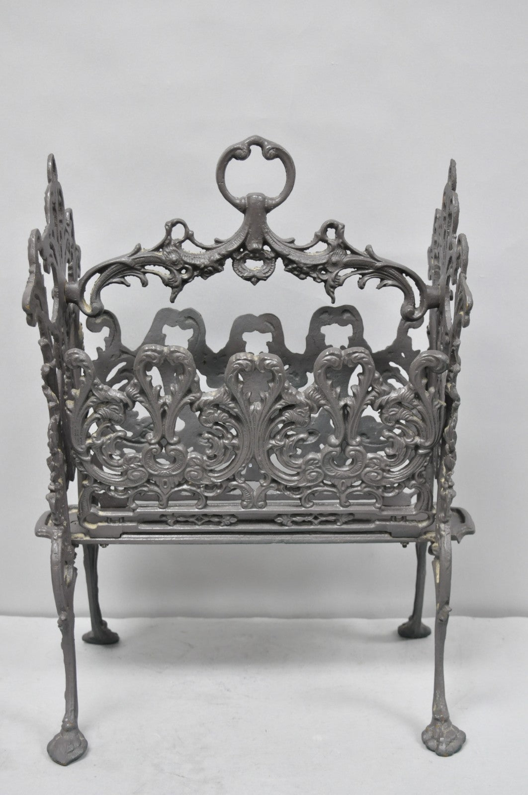Vintage French Renaissance Victorian Style Cast Iron Magazine Rack with Cherubs
