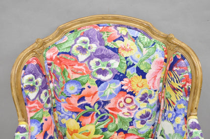 Vintage French Louis XV Country Provincial Floral Chintz Bergere Lounge Chair