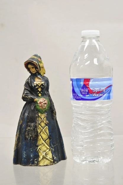 Antique Victorian Cast Iron Figural Colonial Woman Blue Dress Painted Door Stop