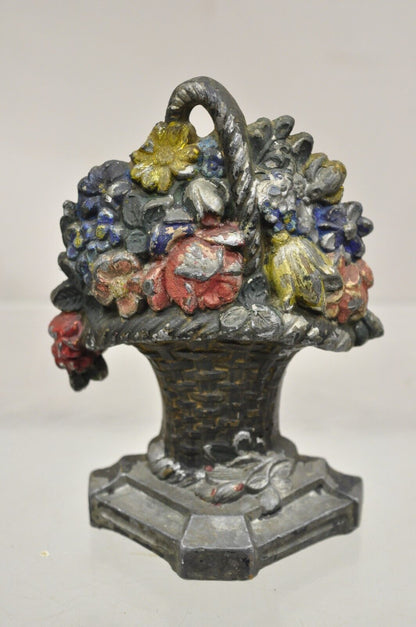 Antique Victorian Cast Iron Small Painted Floral Bouquet Basket Door Stop