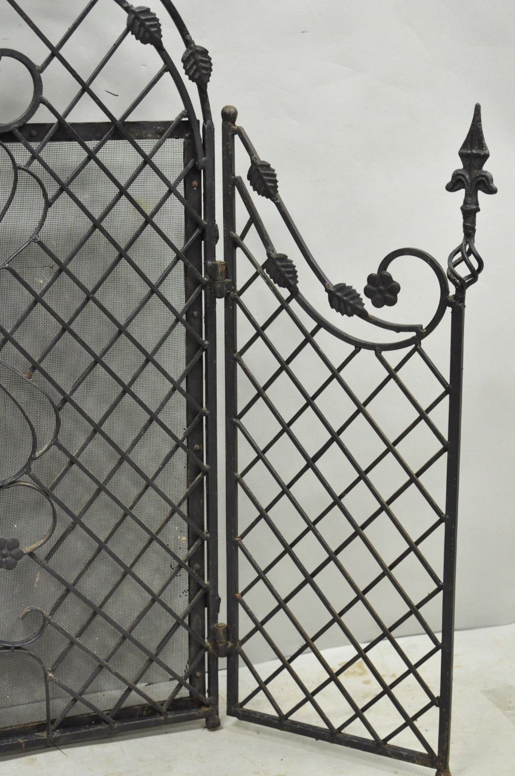 Antique Gothic Arts & Crafts Wrought Iron Scrolling Folding Fireplace Screen