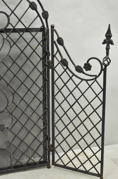 Antique Gothic Arts & Crafts Wrought Iron Scrolling Folding Fireplace Screen