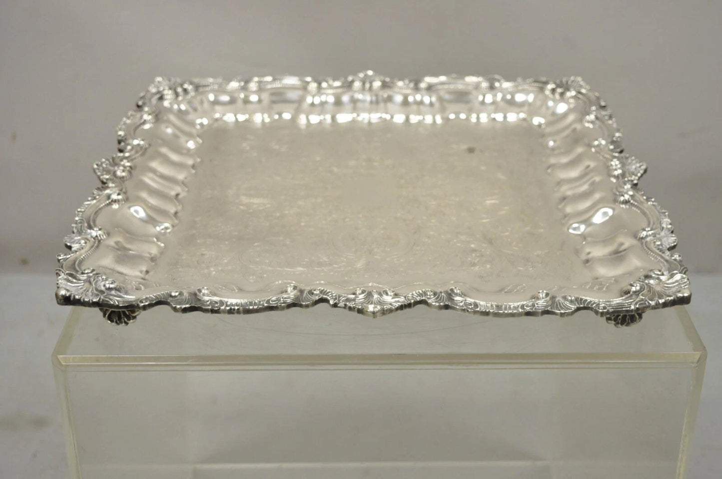 Vintage Chippendale by Wallace Silver Plated 16" Square Bar Platter Tray on Feet