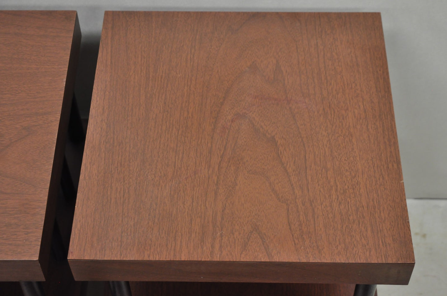 Vintage Mid Century Modern Two Tier Step Walnut Laminate Spindle End Table, Pair
