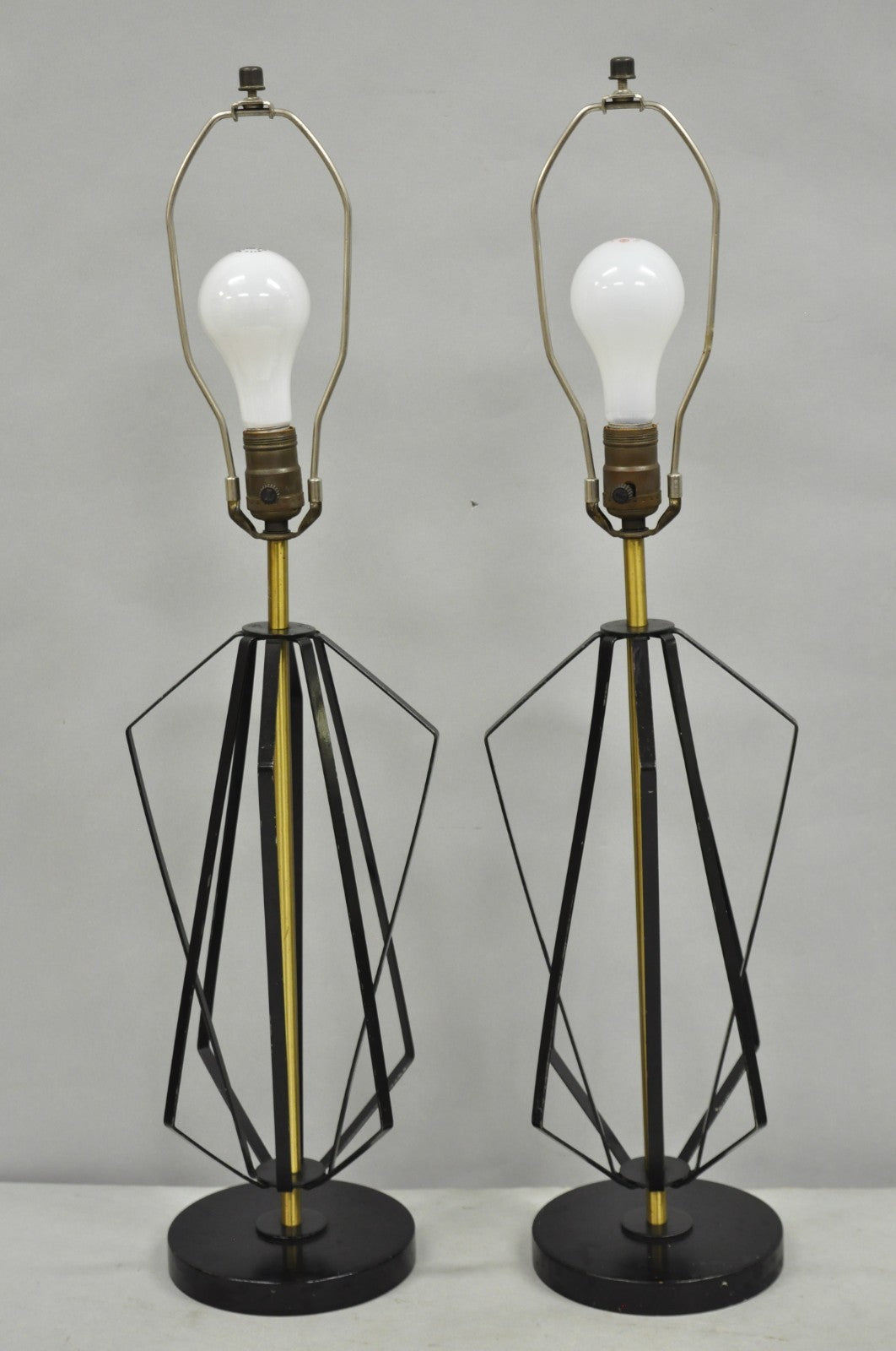 Vintage Mid Century Modern Black Metal & Brass Geometric Helix Table Lamps Pair