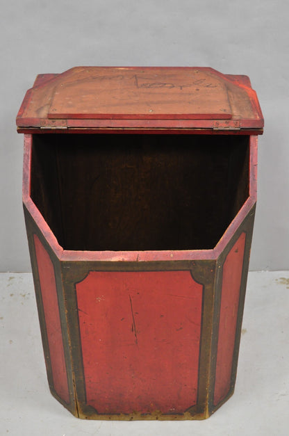 Antique British Colonial Red Painted Wooden Store Tea Coffee Bin w/ Asian Symbol