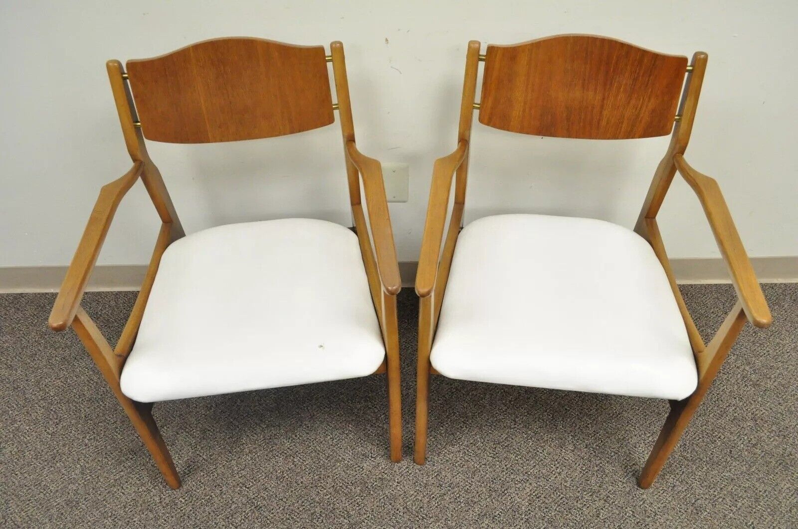 Young Mfg Mid Century Danish Modern Walnut Teak Curved Dining Arm Chairs - Pair