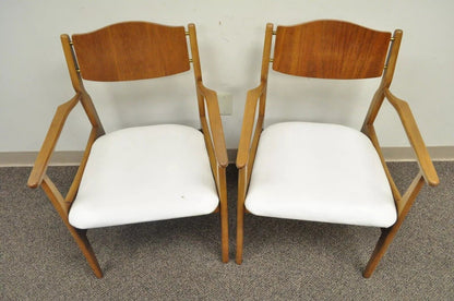 Young Mfg Mid Century Danish Modern Walnut Teak Curved Dining Arm Chairs - Pair