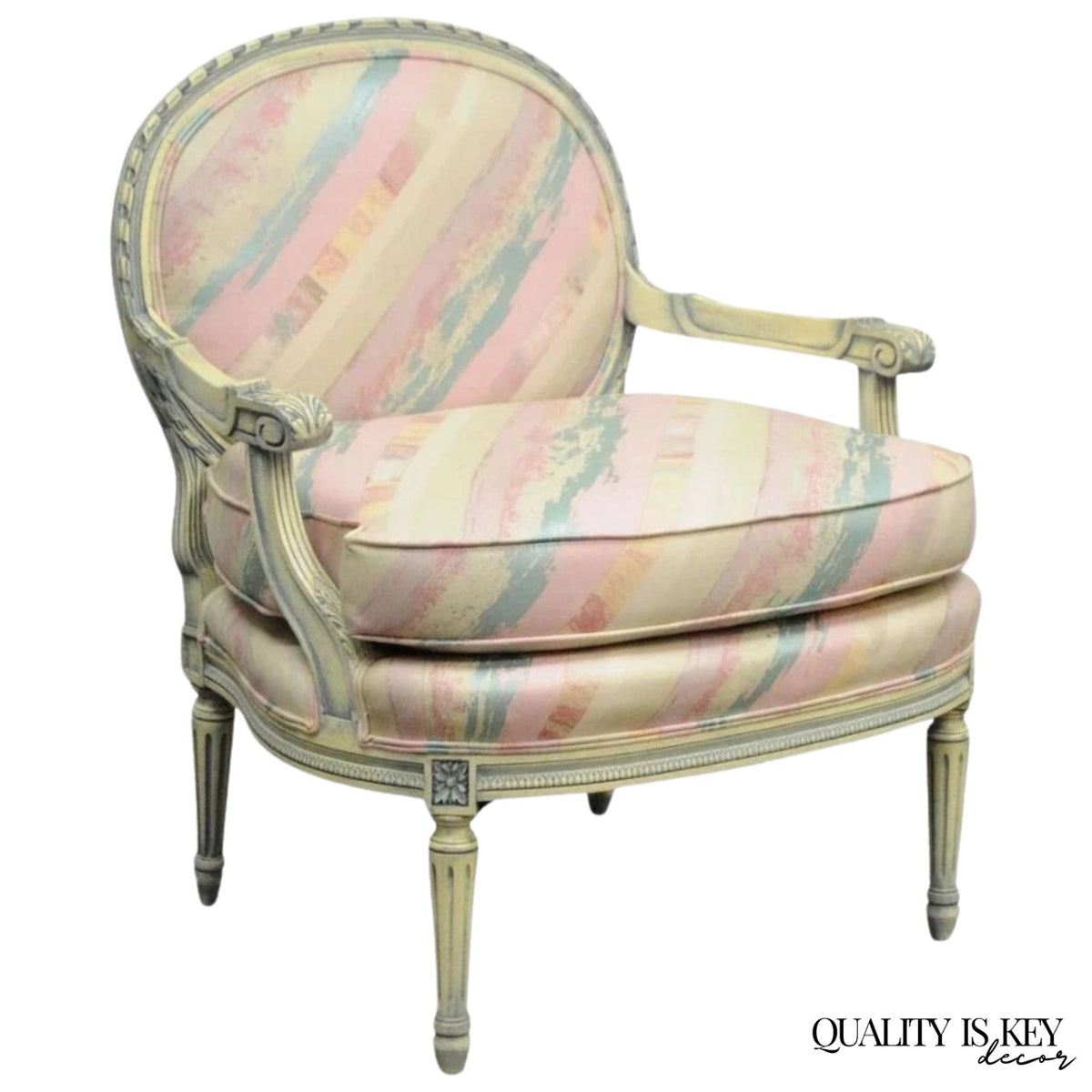 Vintage French Louis XVI Pink Blue Carved Bergere Boudoir Lounge Arm Chair