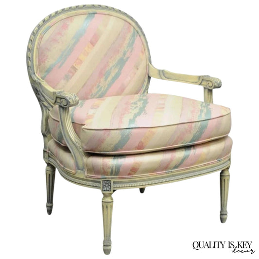 Vintage French Louis XVI Pink Blue Carved Bergere Boudoir Lounge Arm Chair