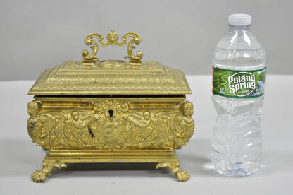 Antique French Renaissance Figural Bronze Casket Jewelry Box with Cherubs