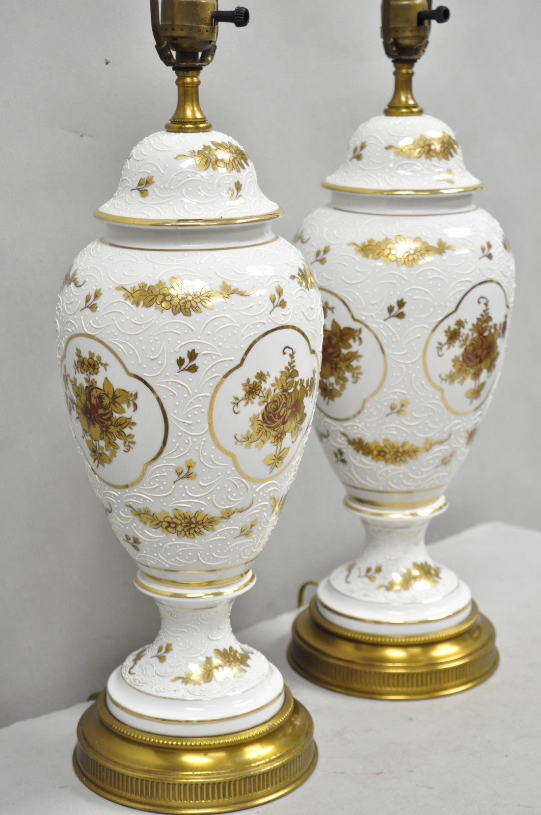 Vintage French Louis XV White Porcelain Ginger Jar Gold Flower Table Lamps Pair