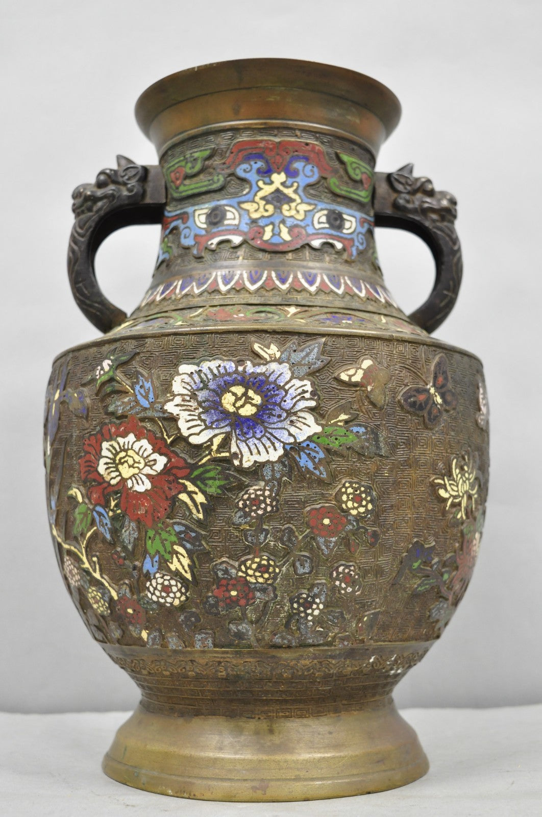 Antique Japanese Champleve Cloisonne Enamel Bronze Twin Handle 14" Vessel Vase
