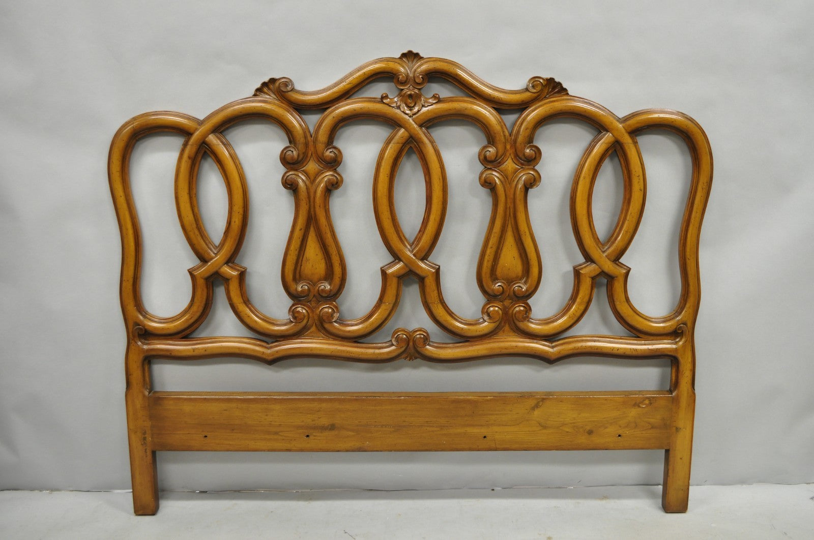 French Country Provincial Carved Fruitwood Walnut Scrolling Queen Bed Headboard
