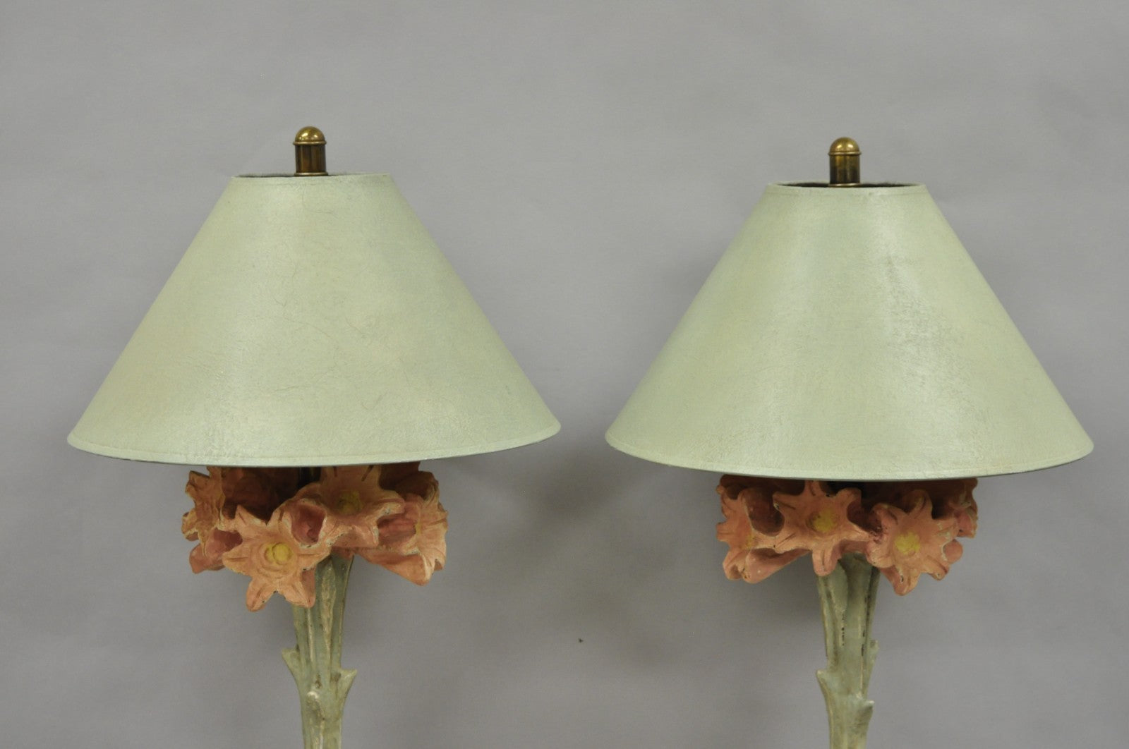 Vintage Hollywood Regency Pink Lily Flower Bouquet Tall Table Lamps by Hart Pair