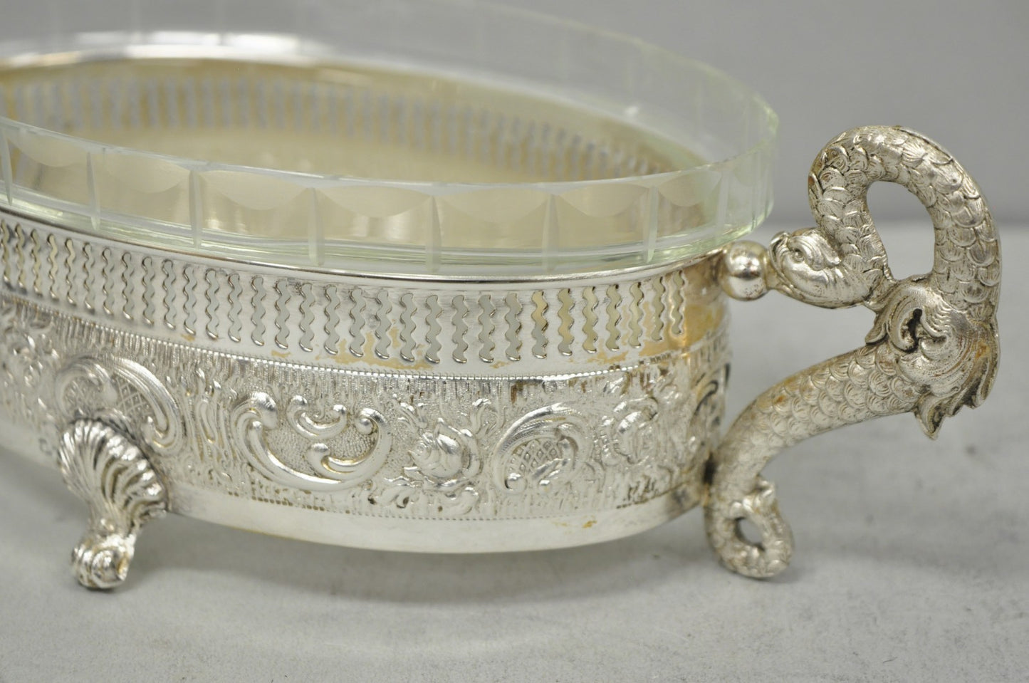 Vintage Italian Regency Silver Plated Dolphin Handle Glass Candy Dish Jardiniere
