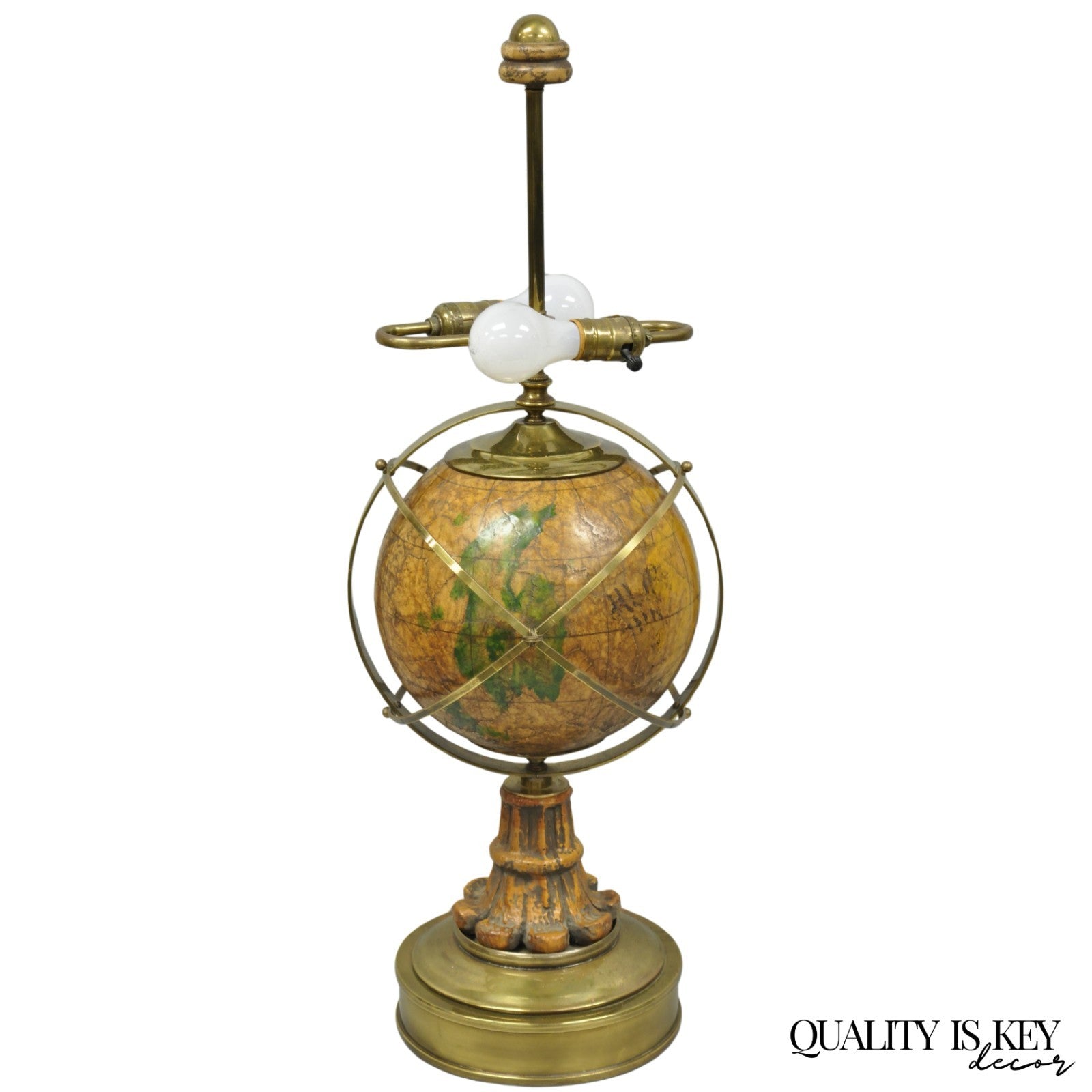 Vintage Italian Regency Style Brass & Wood Old World Globe Table Lamp by Hart