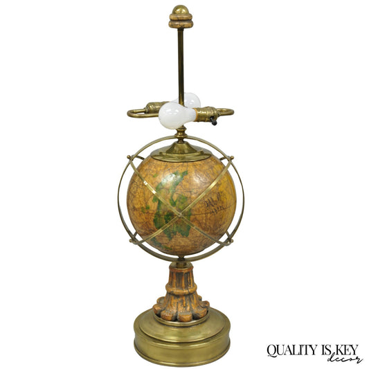 Vintage Italian Regency Style Brass & Wood Old World Globe Table Lamp by Hart