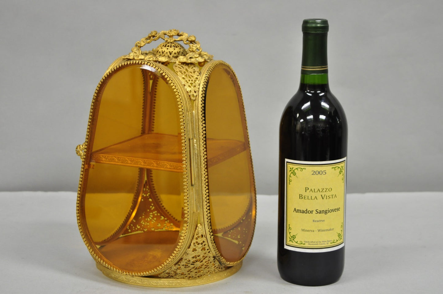 Vintage French Victorian Amber Glass Gold Filigree Vanity Jewelry Box Casket