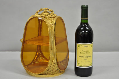 Vintage French Victorian Amber Glass Gold Filigree Vanity Jewelry Box Casket