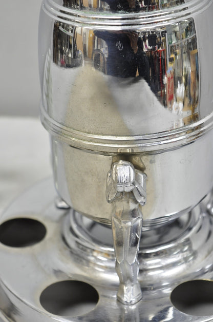 Vintage Art Deco Figural Chrome Metal Barware Samovar Decanter w/ Shot Glasses