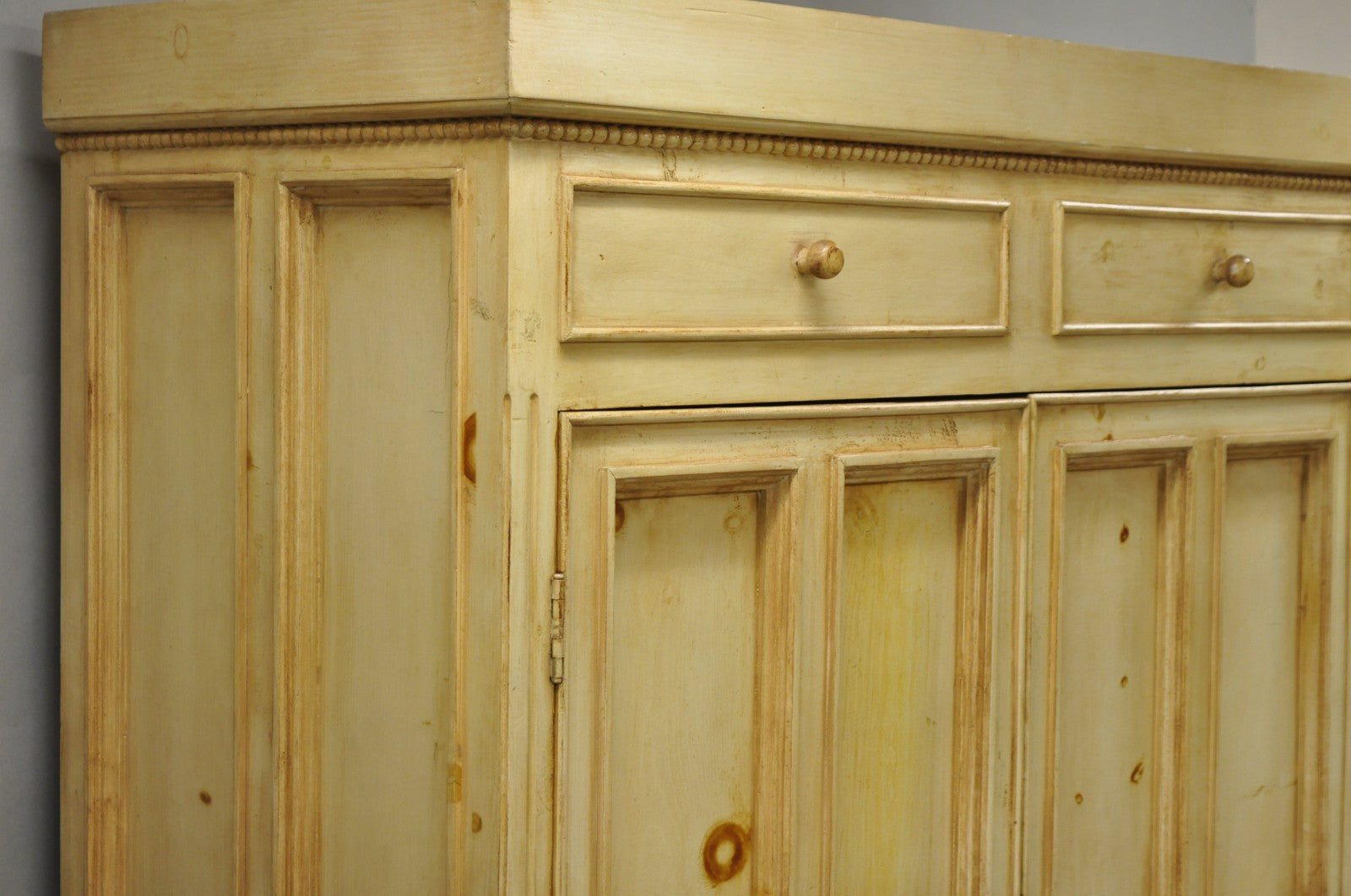 French Country Provincial Distressed Knotty Pine Wood 2 Part Cupboard Cabinet
