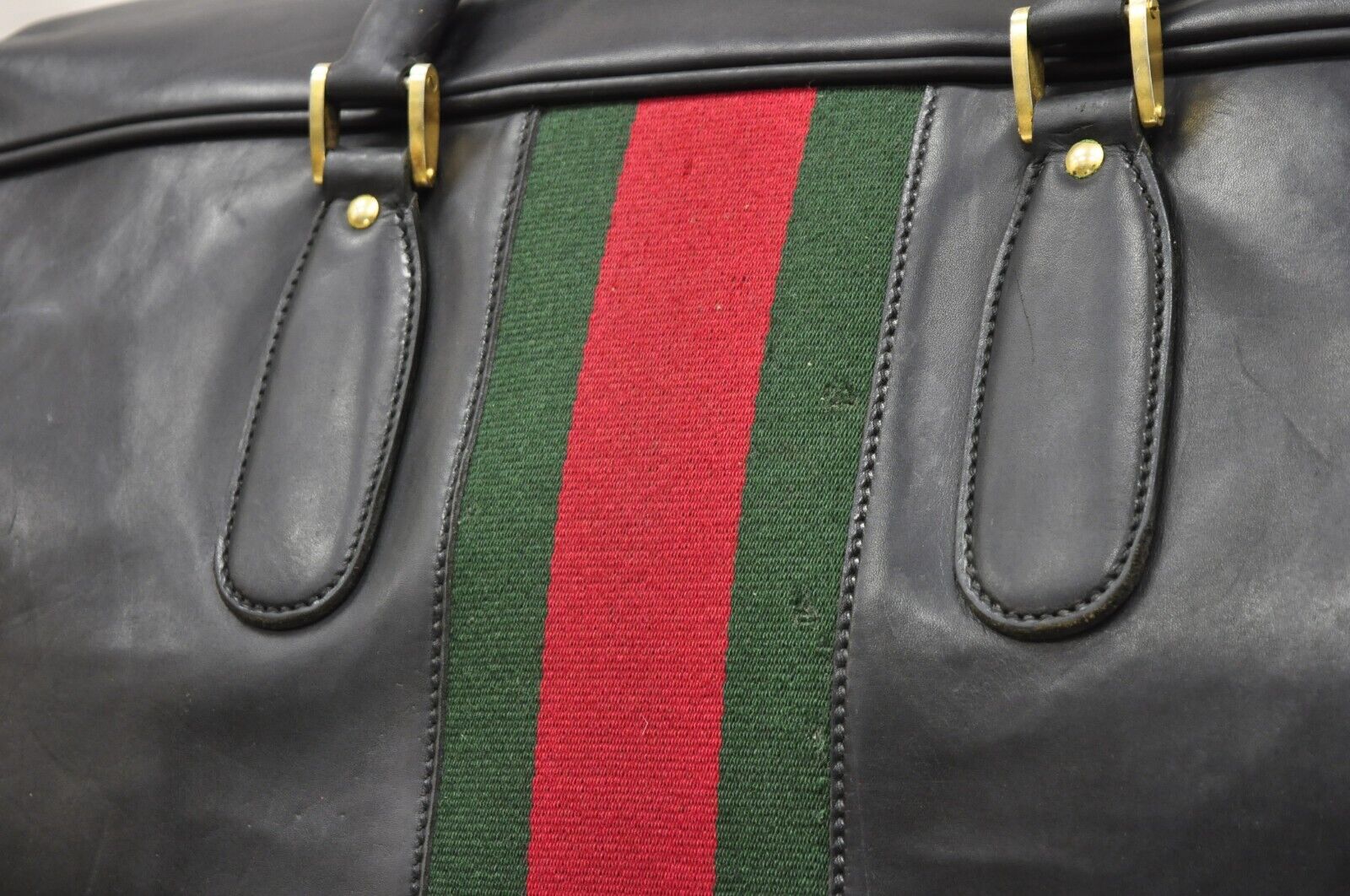 Vintage Gucci Large Black Leather Suitcase Luggage Travel Bag Green Red Webbing