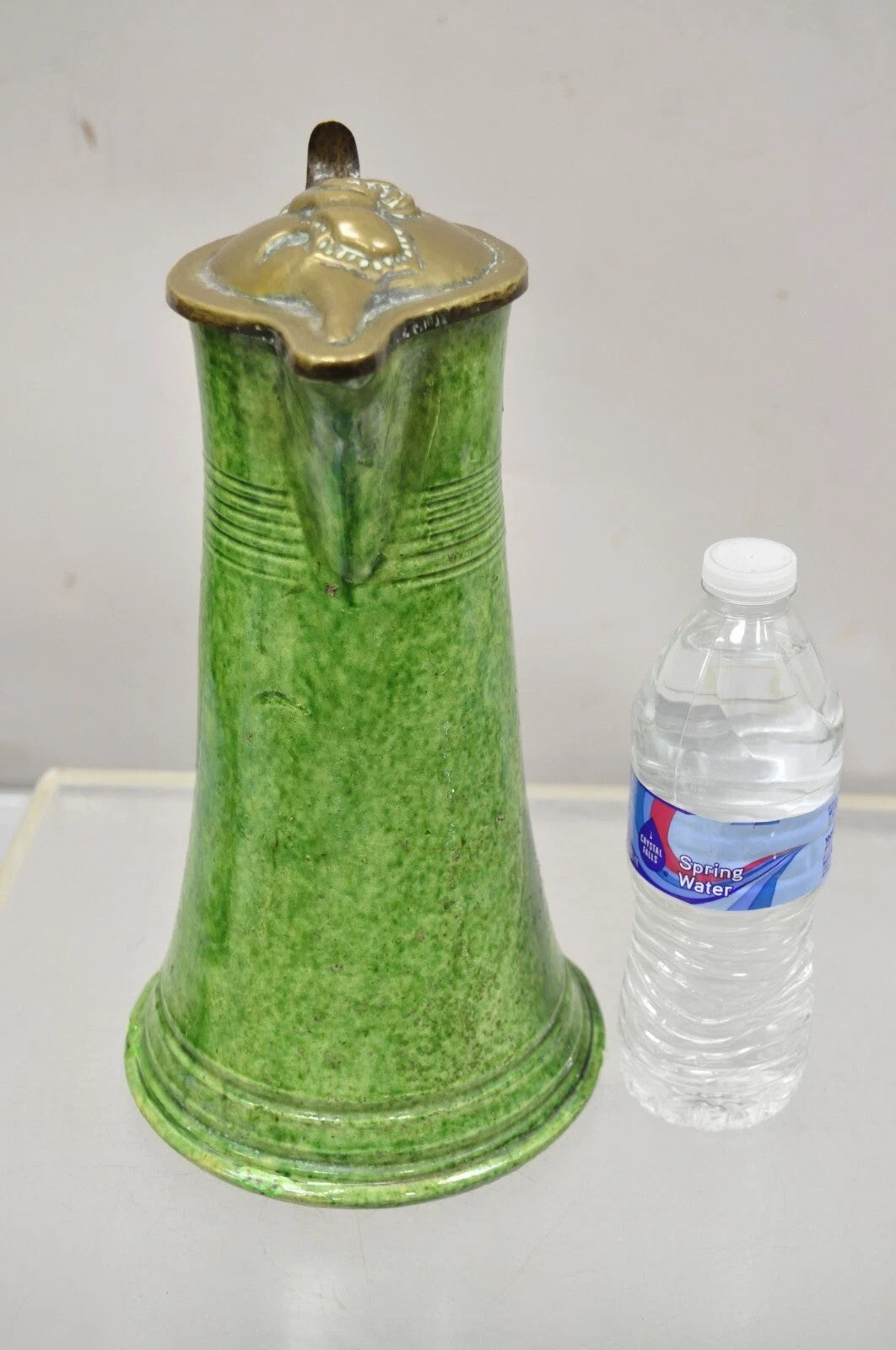 Antique Gothic Renaissance Green Ceramic Pitcher with Brass Soldier Armor Lid
