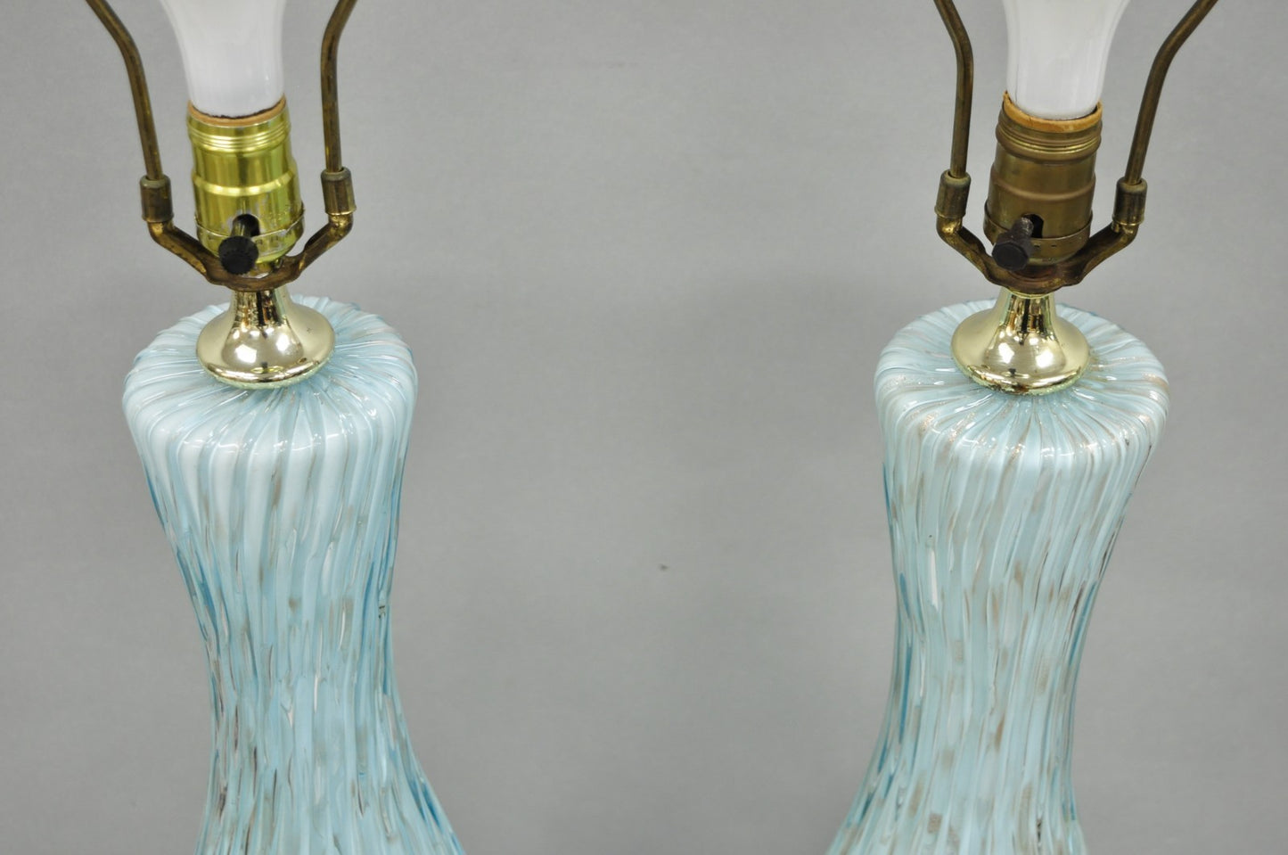 Vintage Mid Century Modern Blue Italian Murano Glass Gold Bubble Table Lamp Pair
