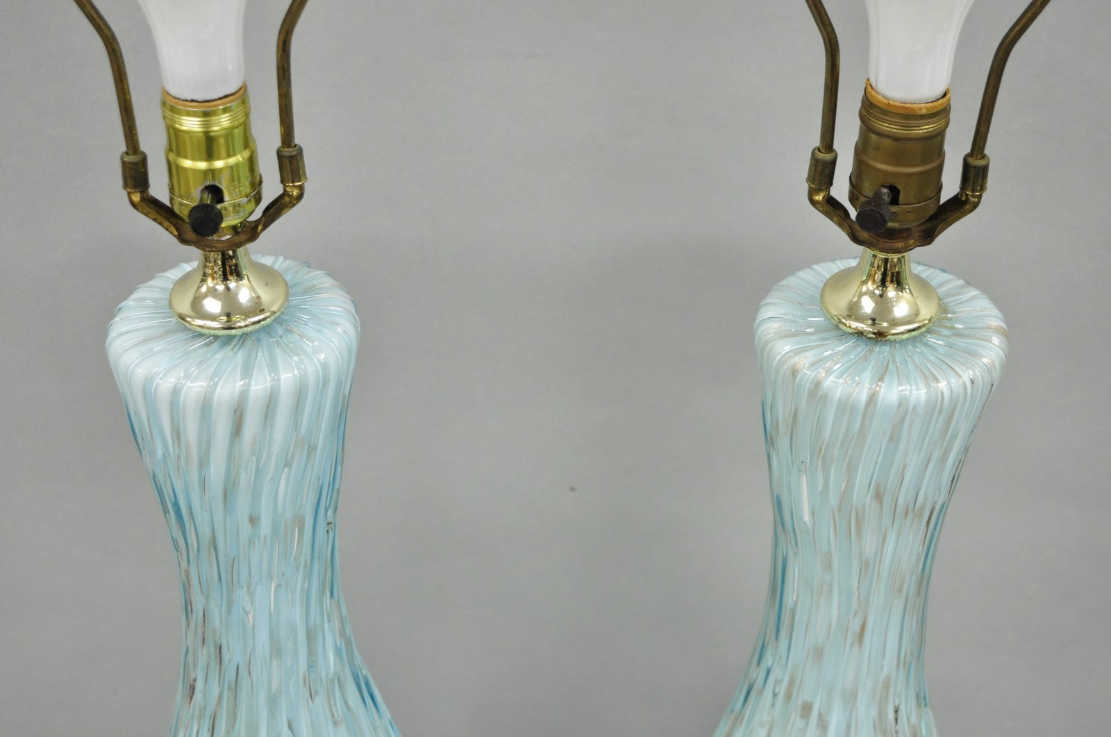Vintage Mid Century Modern Blue Italian Murano Glass Gold Bubble Table Lamp Pair