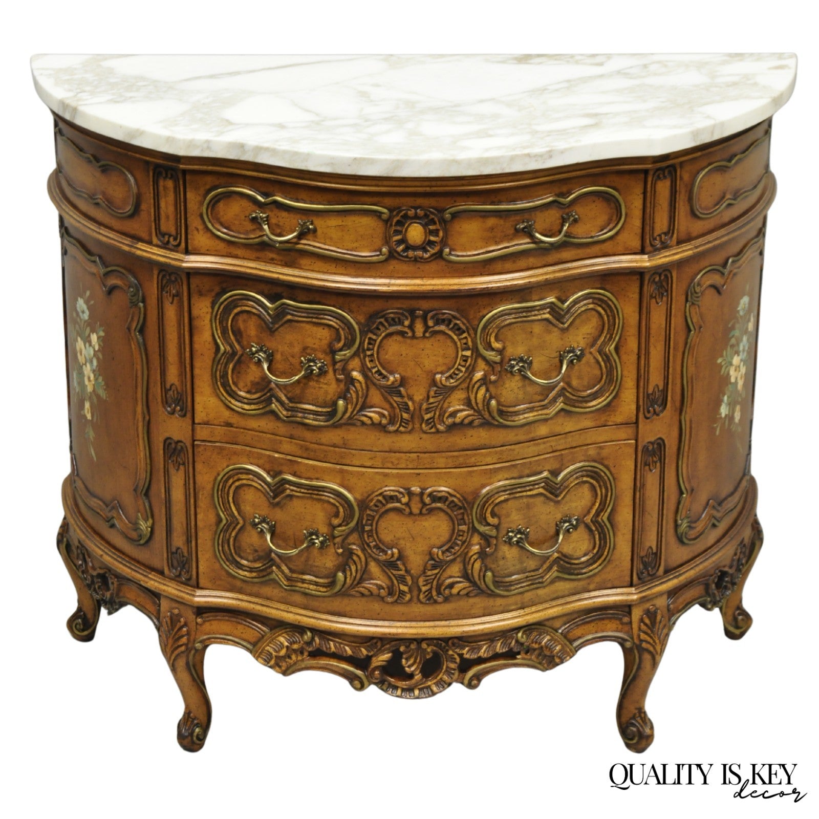 Vintage French Louis XV Style Bombe Demilune Marble Top Floral Painted Commode
