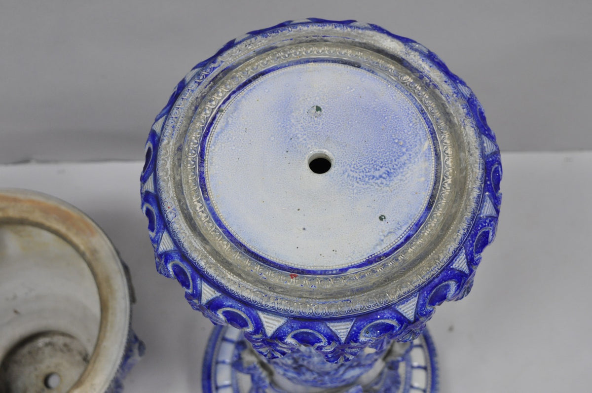 Antique German Westerwald Salt Glaze Stoneware Cobalt Blue Jardiniere & Pedestal