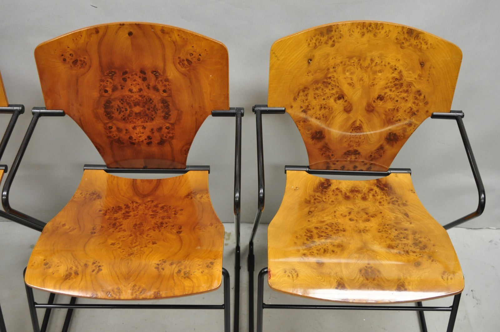 Josep Mora for Egoa Model 300 Mid Century Modern Burl Wood Arm Chair - Set of 4