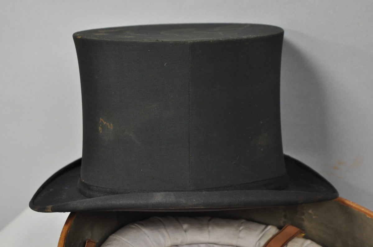 Antique Victorian Brown Leather Travel Case Hat Box w/ Miller of NY Silk Top Hat