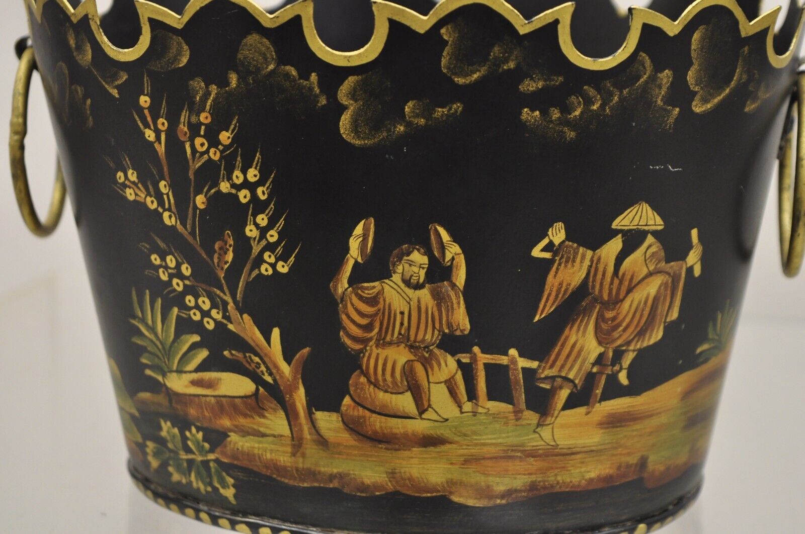 Scalloped Italian Hand Painted Toleware Chinoiserie Black Metal Planter - A Pair