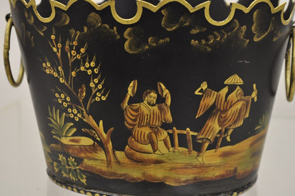 Scalloped Italian Hand Painted Toleware Chinoiserie Black Metal Planter - A Pair
