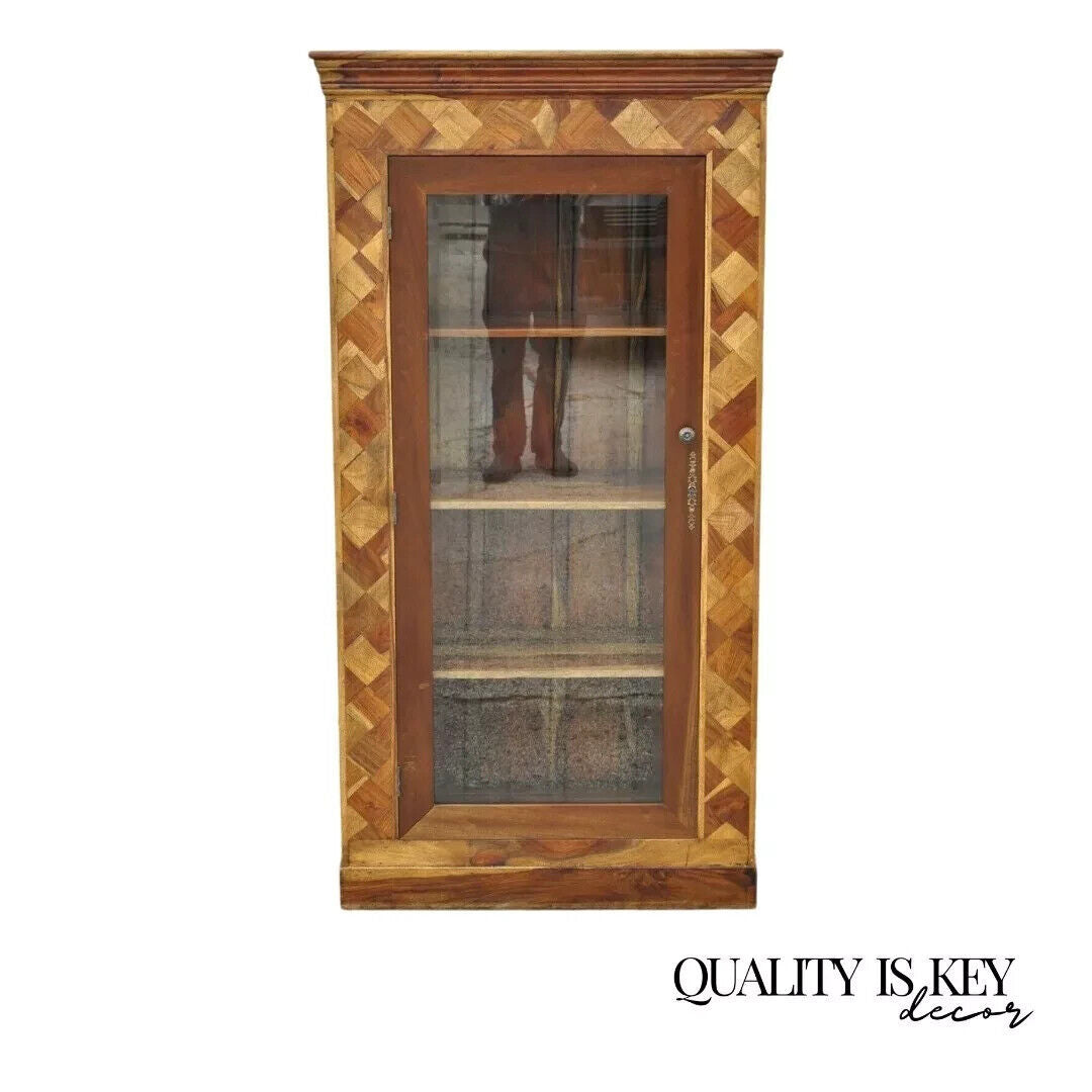 Marquetry Geometric Inlay Mixed Wood One Drawer Bookcase Display Cabinet Curio