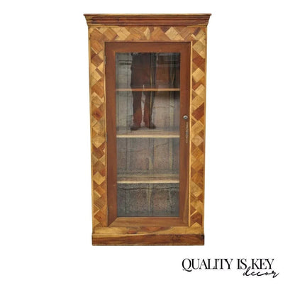 Marquetry Geometric Inlay Mixed Wood One Drawer Bookcase Display Cabinet Curio