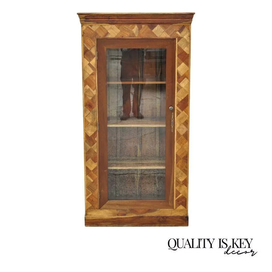 Marquetry Geometric Inlay Mixed Wood One Drawer Bookcase Display Cabinet Curio