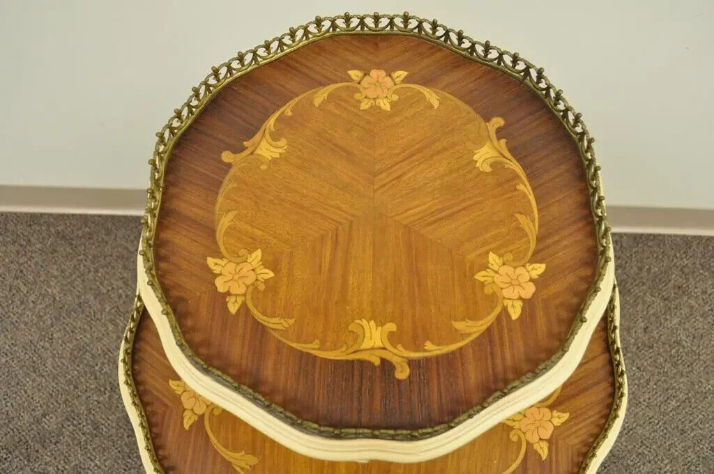 Vintage French Louis XV Style Satinwood Inlay Round 2 Tier Occasional Side Table