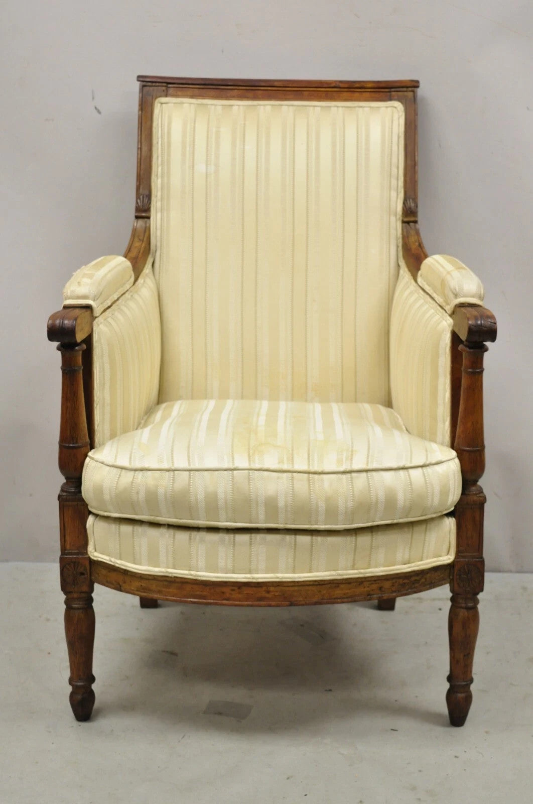 19th C. French Louis XVI Neoclassical Style Walnut Bergere Club Lounge Arm Chair