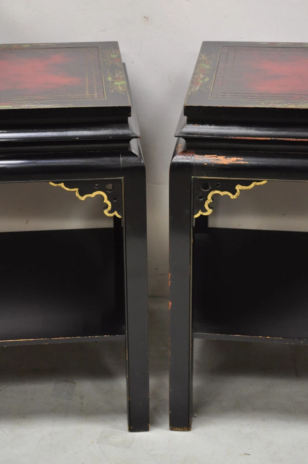 Vintage Chinoiserie Black Lacquered Red Leather Top 2 Tier End Tables - a Pair