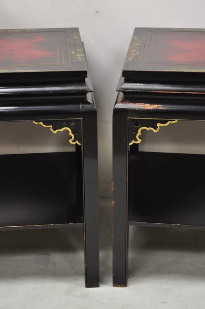 Vintage Chinoiserie Black Lacquered Red Leather Top 2 Tier End Tables - a Pair