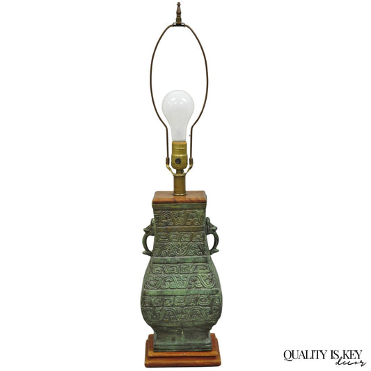 Vintage Oriental Verdigris Green Archaic Bronze Figural Chinese Table Lamp