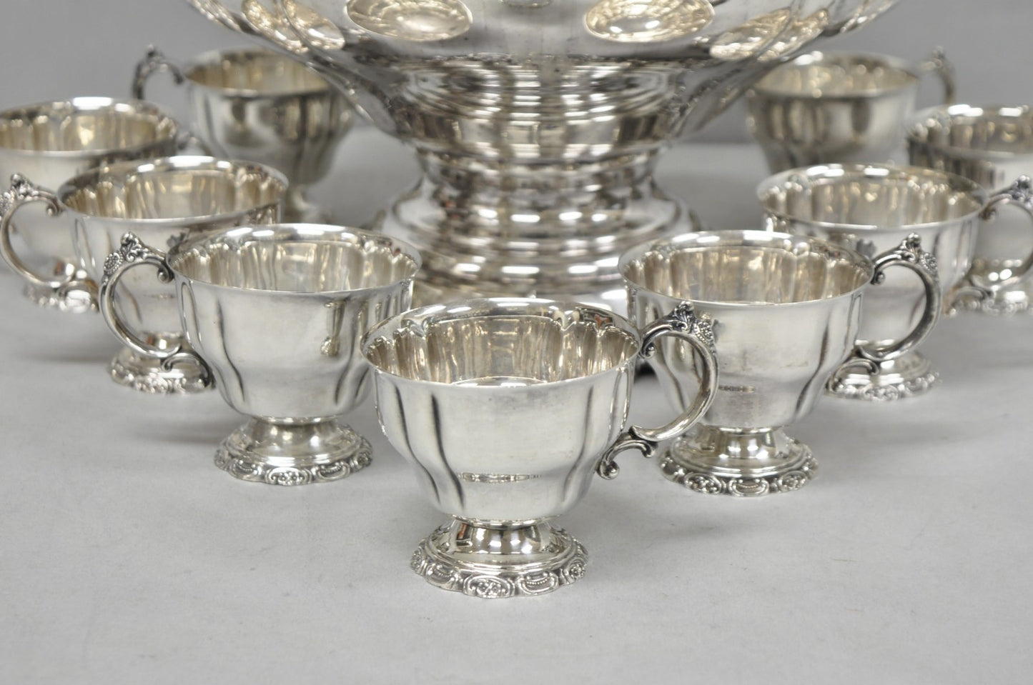 Vintage Baroque by Wallace 252 & 253 Silver Plated Punch Bowl Set w/ 10 Cups